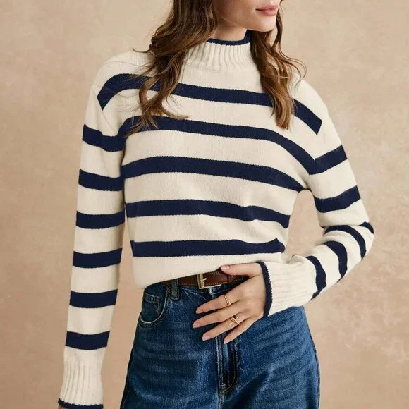 Navy Blue Casual Women's Striped Stand Collar Drop Shoulder Long Sleeve Sweater - Picture 7 of 7
